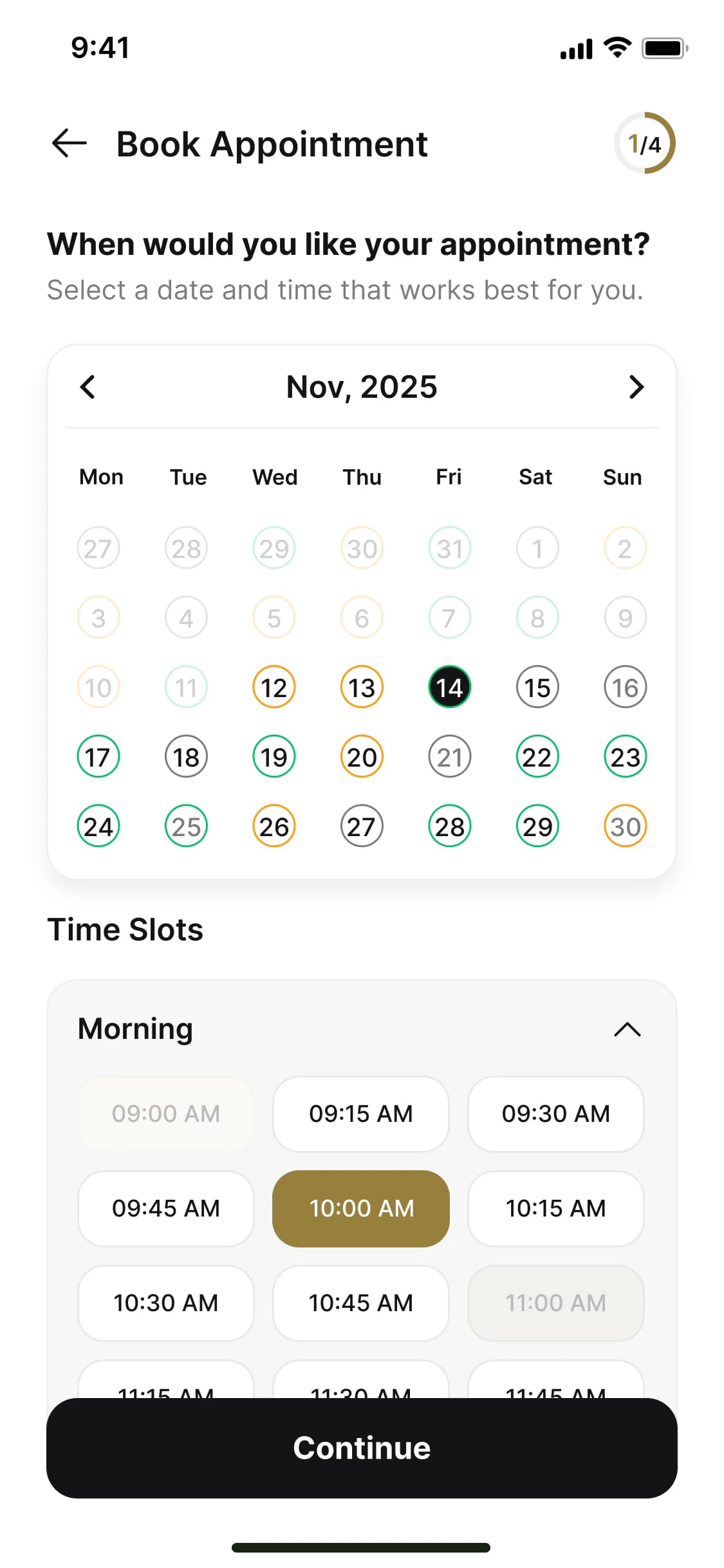 Book Appointment screen with a date picker and time slots